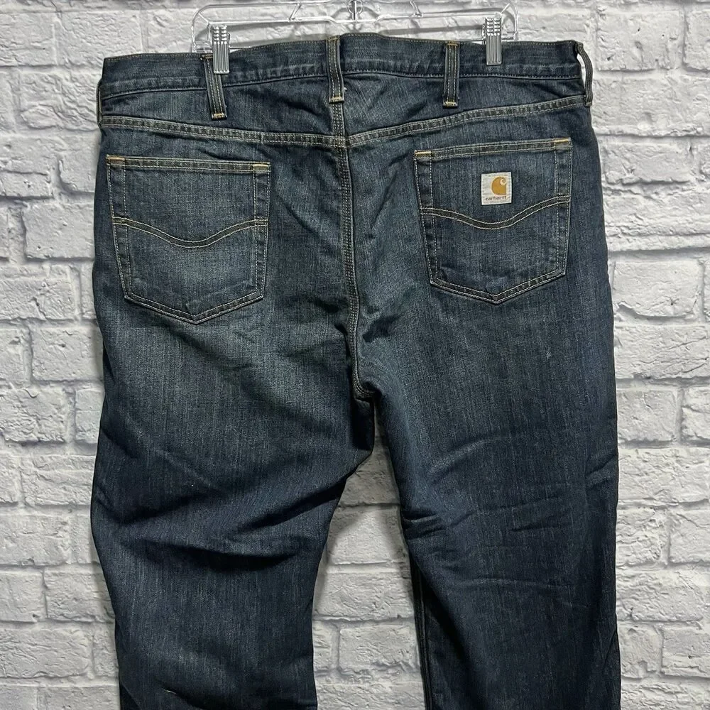 Carhartt Men Straight Relaxed Fleece Lined Denim Dark Blue Wash Jeans Size 42X30